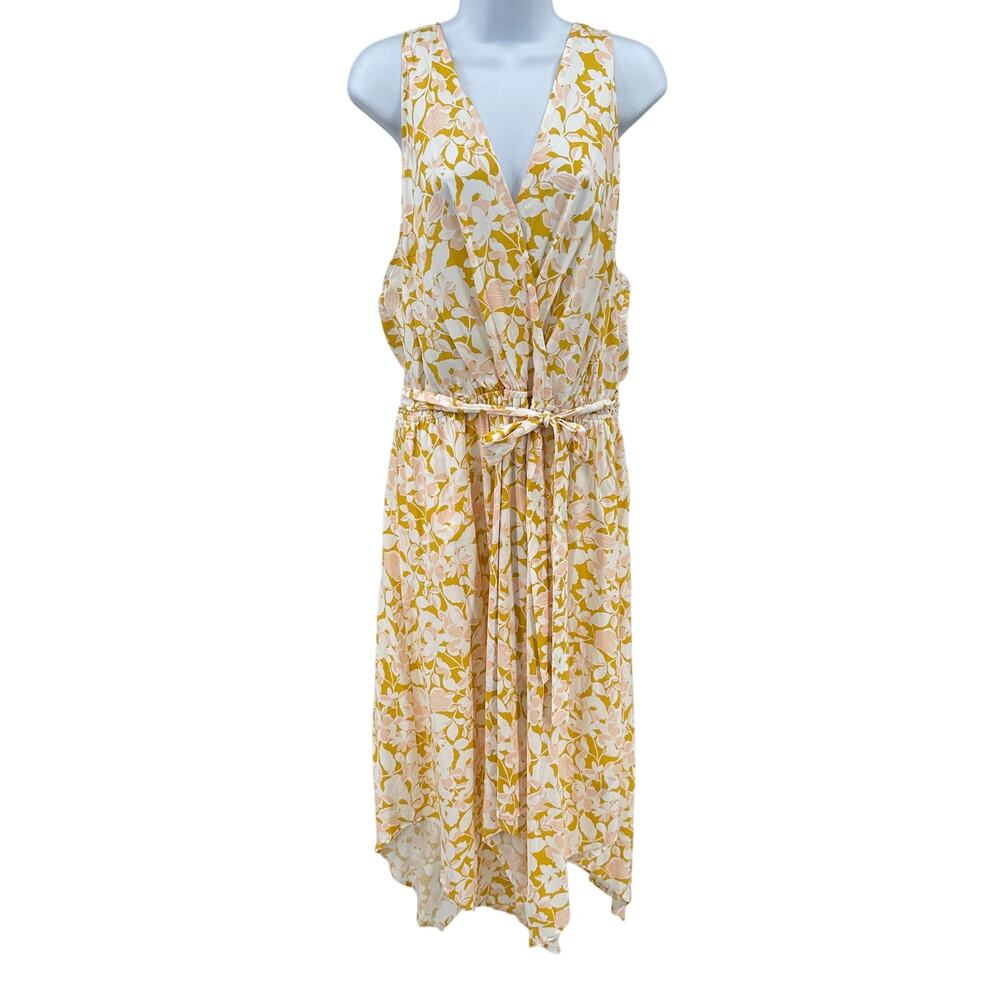 Ava & Viv Midi Dress WMNS 1X Yellow Pink White Floral Varying Hemline Sleeveless
